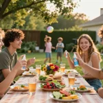 Friends applying the best mosquito repellent while enjoying a summer barbecue outdoors.
