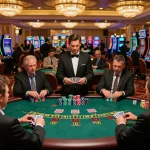 Players engage in an intense blackjack game at a thabet casino table, revealing cards and chips.