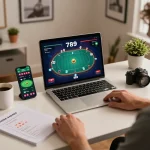 Engaging online poker gameplay at 789, showcasing player strategy and focus in a cozy home office.