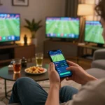 Engaging scene of a user placing live bets on luongsontv football matches, with smartphone showing betting odds in living room