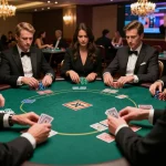 Go88 players engaging in a high-stakes poker game, showcasing strategic gameplay and luxury atmosphere.