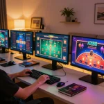 Player engaging in online gaming with AX88 platform, showcasing a modern gaming setup filled with strategic elements.