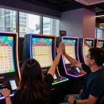 Exciting live HK Lotto draw atmosphere with players celebrating results in a modern gaming lounge.