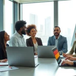 Interaktive Geschäftssitzung bei https://alvionz.de/ mit vielfältigen Teilnehmern in modernem Büro.