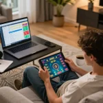Engaged player enjoying an online Tài Xỉu game at home on taixiuonline8 tablet, highlighting excitement and comfort.