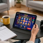 Player engaging with the RIKVIP casino app, enjoying a lively online gaming experience at home.