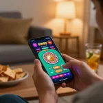 Player using the kim99 app for roulette in a cozy living room setting.