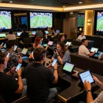 tv88 bettors enjoying live sports at a vibrant betting venue, engaging with screens and apps
