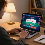 Player engaging in online gaming at alo8, focused on poker interface in a cozy home setting