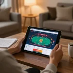 Siti non AAMS utente impegnato a giocare a poker online su un tablet in un'accogliente ambientazione domestica.