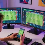 Engaging online betting at tg88 with smartphone and dual monitors showcasing live sports odds.