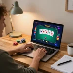 Engaging online poker session featuring Vmax ok on a laptop screen with colorful cards and chips.