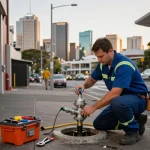 Backflow prevention plumbing installation in Sydney with a professional plumber at work.