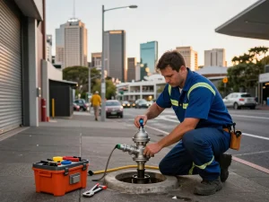 Backflow prevention plumbing installation in Sydney with a professional plumber at work.
