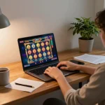 Player enjoying online gaming at home with hay88x slot games visible on laptop screen