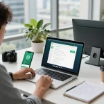 专业用户在现代办公室内使用笔记本电脑与WhatsApp网页版进行互动。