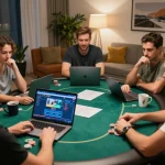 Players enjoying the lc88 online poker game in a cozy home setting, showcasing excitement and strategy.