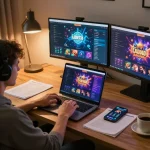 Player engaged with ledak338 casino on laptop, showcasing immersive online gaming experience.