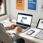 Entrepreneur reviewing PLR digital products for sale in an inviting workspace with motivational decor and tech gadgets.