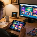 The player engages with o8casino on a tablet, highlighting an immersive online gaming experience with poker and slots.