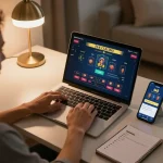 Engaged player using bk8 online casino app on a laptop in a cozy home setting.