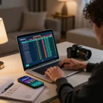 Player analyzing bets and odds for abc8 on a stylish laptop setup for responsible online gaming.
