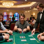 Players engaging in intense poker action at O8 casino, with colorful chips and professional dealer.
