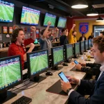 Socolive sports fans eagerly placing bets on live football matches in a lively sports bar.