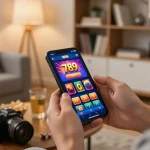 Engaging smartphone display of the 789 win casino app, showcasing interactive betting options in a cozy environment.