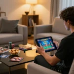 Player strategizing on ilvidx using tablet in a cozy home gaming setup.