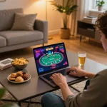 Player enjoying online gaming on trang chủ mb66, immersed in vibrant poker session at home