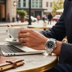 Individual enjoying coffee while wearing rolex super clone watches in a luxury café setting.