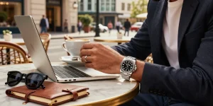 Individual enjoying coffee while wearing rolex super clone watches in a luxury café setting.