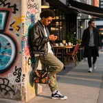 Person in stylish 레플리카 outfit engaging with smartphone in vibrant urban setting.