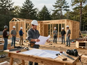 Patco construction services team at work on a residential home in Southern Maine, highlighting craftsmanship and teamwork.