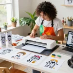 Crafting with a cricut svg bundle in a vibrant home studio filled with tumbler designs and creative tools.
