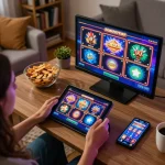 Excited player enjoying slots not on gamstop on a tablet in a cozy home setting