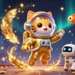Engage in the vibrant gaming atmosphere with hệ thống GMNC featuring a golden space cat and robot dog amidst casino elements.