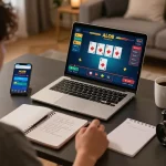 Player engaged in online baccarat on ALO8, showcasing mobile app and strategy notes in a cozy setting.