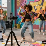 How to become a TikTok influencer: Engaging influencer filming a joyful dance video in a vibrant urban setting.