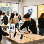 Best mobile shop with diverse customers exploring the latest smartphones in a vibrant urban store.