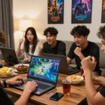 Friends enjoying an exciting gaming session on MM88's online betting platform in a lively living room.