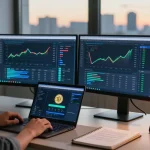 Bitcoin mining contract analytics displayed on monitors in a modern home office with crypto wallet access, showcasing innovative mining setups and profitability.