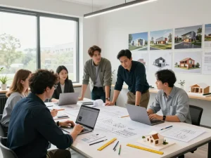 Architect house design team collaborating on innovative projects in a bright workspace.