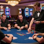 O8 players strategizing in a vibrant casino poker game, showcasing engagement and intensity