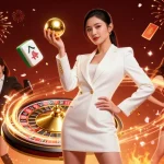 S8 showcases a confident woman holding a roulette ball amidst vibrant casino elements, radiating excitement.