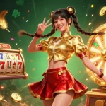Spin the slot machine with vibrant symbols and vibrant celebrations in this dynamic casino scene.