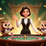 Erleben Sie die Aufregung eines Paysafe Card Casinos mit einem erfahrenen asiatischen Dealer und einem charmanten Eulen-Assistenten in einer dynamischen Umgebung.