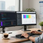 Focused developer utilizing openclaw skills at a modern tech workspace with dual monitors and vibrant code.