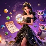 Interagisci con elementi di gioco vivaci nell'illustrazione dei casino non aams sicuri, con una scena mistica piena di palline della lotteria colorate e personaggi affascinanti.